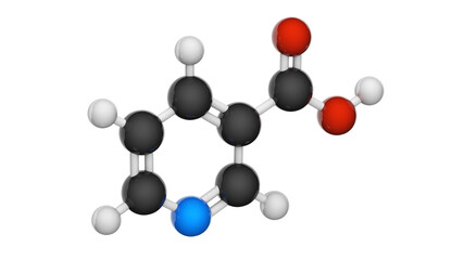 Vitamin B3(Nicotinamide). Also known as nicotinic acid. 3D illustration. Chemical structure model: Ball and Stick. White background.