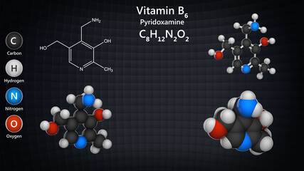 Molecular structure of Vitamin B6 (Pyridoxamine). 3D illustration. Chemical structure model: Ball and Stick + Balls + Space-Filling.
