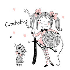 Cute needlewoman girl with a crochet hook in her hands. Vector