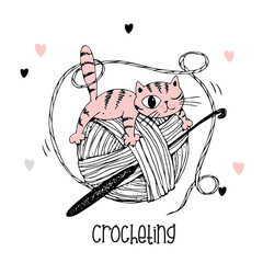A cat on a ball of yarn. Crochet logo. Vector