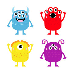 Happy Halloween. Monster set icon line banner. Cute kawaii cartoon baby character. Funny head face colorful silhouette. Hands up, down. Eyes teeth fang horn tongue. Flat design. White background.