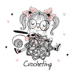 A cute needlewoman girl is crocheting an openwork napkin. Vector