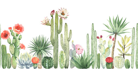 Floral horizontal border with blossom cacti and succulent, watercolor seamless pattern, colorful illustration isolated on white background in mexican style. - 427407082
