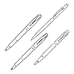 Vector black line art, hand drawn sketch on white background, isolated object of school supplies writing and drawing tools, pens, pencils, brushes, markers, felt-tip pen, etc, back to school theme.