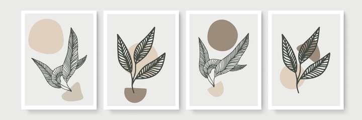 Set of abstract floral backgrounds for wall decor. Vector trendy minimal templates in boho style with copy space for text. Botanical wall art vector set. Earth tone boho foliage line art drawing