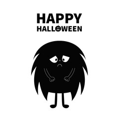 Happy Halloween. Monster silhouette. Cute kawaii cartoon black scary funny character icon. Sad emotion. Eyes, hair, hands. Funny baby collection. Isolated. White background. Flat design.