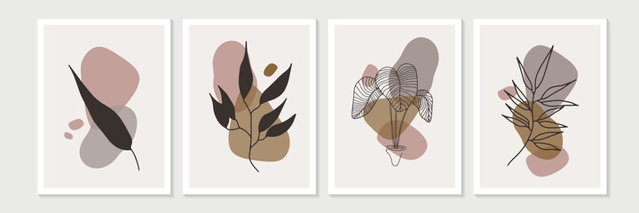 Botanical wall art vector set. Earth tone boho foliage line art drawing with abstract shape. Abstract Plant Art design for print, cover, wallpaper, Minimal and natural wall art.