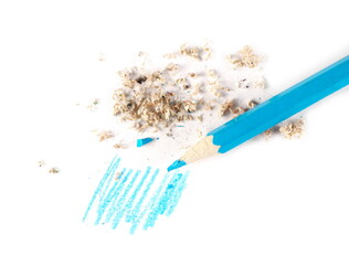 Pencil with shavings and line hatching, scribble isolated on white background, top view