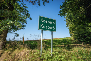 Kosowo village sign, both in Polish and regional Kashubian language, Kaszuby region of Poland - obrazy, fototapety, plakaty