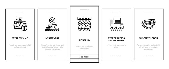 Tuna Auction Tsukiji Market Onboarding Mobile App Page Screen Vector. Tuna Fishing And Delivery, Fish Meat And Fillet, Fisherman And Seller, Sale And Buy Illustrations