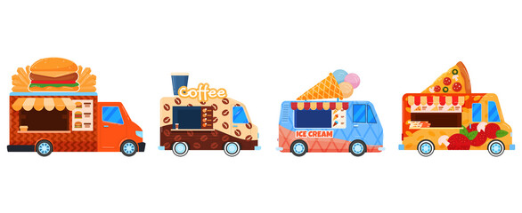 Street food vehicles, truck, vans, pushcart and counters with tent set of vector illustrations. Fast food cars with snack, hot meal.