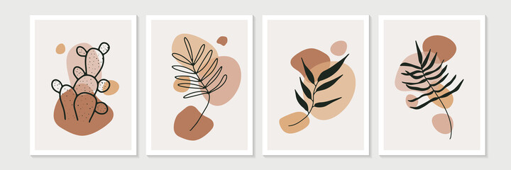 Fototapeta na wymiar Modern minimalist boho abstract aesthetic illustrations. Bohemian style wall decor with floral and leaves. Collection of contemporary artistic posters.