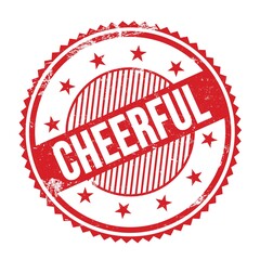 CHEERFUL text written on red grungy round stamp.