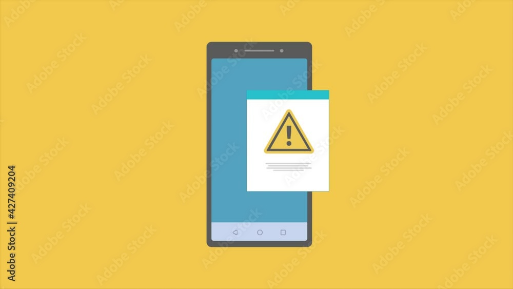 Poster alert message mobile notification. smartphone with exclamation sign, virus notification on phone scr