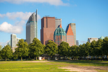 The skyline of The Hague, the Netherlands, with office buildings seen from malieveld