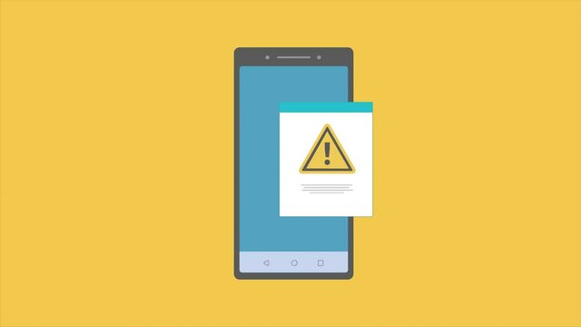 Alert message mobile notification. Smartphone with exclamation sign, virus notification on phone screen animation