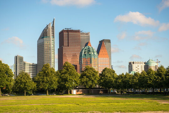 The skyline of The Hague, the Netherlands, with office buildings seen from malieveld