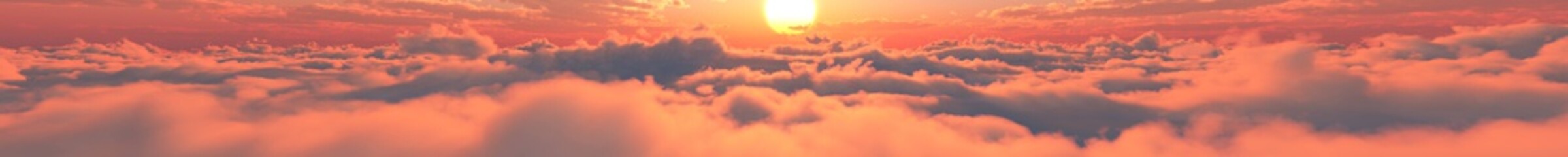 Beautiful cloudy landscape at sunset, clouds from a height of flight, flight among the clouds to the sun, 3D rendering