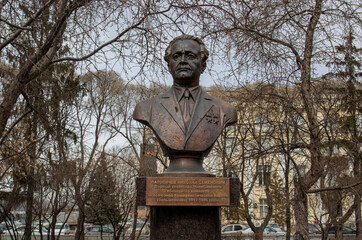 Chelyabinsk, Russia - April 2, 2021: Monument to Nikolai Semenovich Patolichev. The inscription on the monument: Patolichev Nikolai Semenovich, First Secretary of the Chelyabinsk Regional Committee