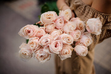 close-up view on beautiful bouquet of fresh cream roses in hands of woman