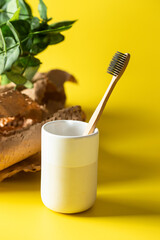 Wood toothbrush in ceramic vase on yellow background with plant and craft paper. Eco dental care concept.