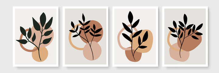 Botanical wall art vector set. Earth tone boho foliage line art drawing with abstract shape. Abstract Plant Art design for print, cover, wallpaper, Minimal and natural wall art.