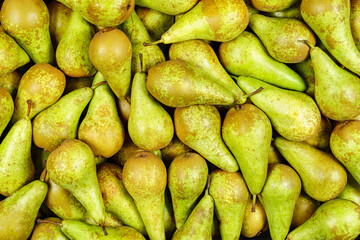 Background of many pieces of green pears, overhead view, studio food photography.