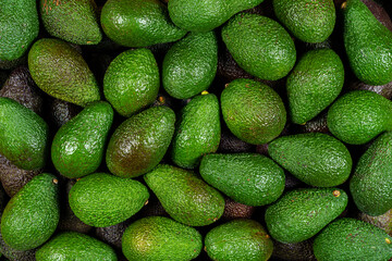 Background of many avocado pieces, overhead view, studio food photography.