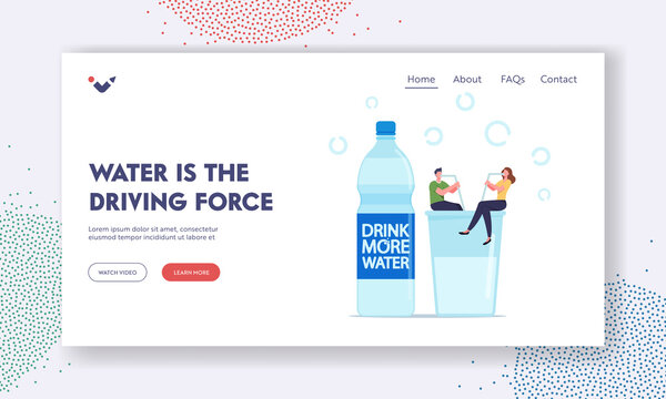 Healthy Lifestyle, Pure Aqua Refreshment Landing Page Template. Characters Sitting with Straws on Glass with Fresh H2O