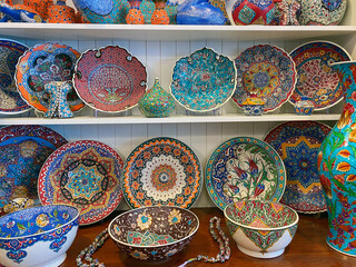 Ceramics decorative plates, Islamic plate with mandala pattern, View from above isolated on white background with clipping path