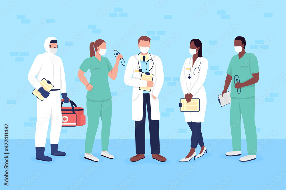 Poster doctors and nurses in medical masks flat color vector faceless characters set. essential service wor