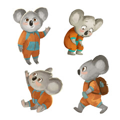 Illustration of a little koala standing, sitting, walking. A Koala in overall on white background