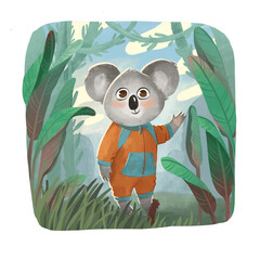 Illustration of a little koala n overall standing in the forest and waving hand.