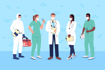 Doctors and nurses in medical masks flat color vector faceless characters set. Essential service workers isolated cartoon illustration for web graphic design and animation collection