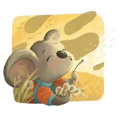 Illustration of a small koala in overalls on a dandelion field blowing on a dandelion flower.