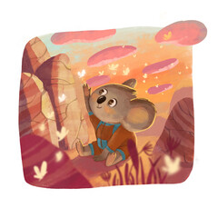 Illustration of a small koala sitting in the mountains and looking at butterflies.