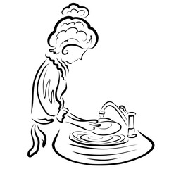 young woman washes the dishes, black outline on a white background, household chores