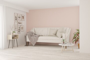Soft color living room with sofa. Scandinavian interior design. 3D illustration