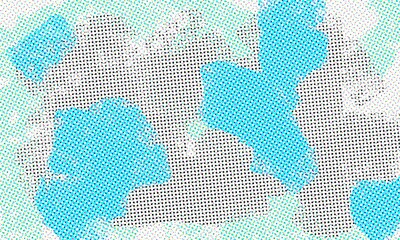 Dot print newspaper style artwork by aqua blue and white spots on white. Expressive digital art by paint roller. Great as wall art, banner, certificate backdrop or creative texture, poster or print.