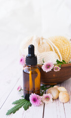 Fototapeta na wymiar Skin care cosmetics. Aromatherapy with essential oils. Organic cosmetic product. Alternative medicine.