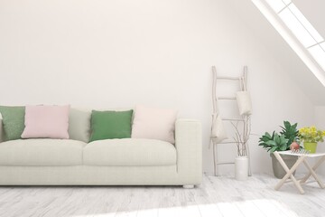 White living room with sofa. Scandinavian interior design. 3D illustration