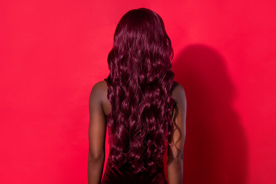 Rear back view photo of young african woman incognito anonym hairdo isolated over red color background