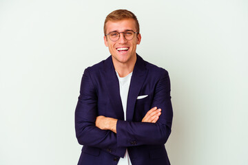 Young business caucasian man isolated on white background