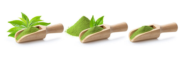 matcha green tea powder in wood scoop and leaf on white