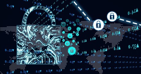 Composition of network of connections with online security padlocks and world map