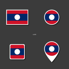 Laos flag set in different shape (rectangle, circle, square and marker icon) on dark grey background.