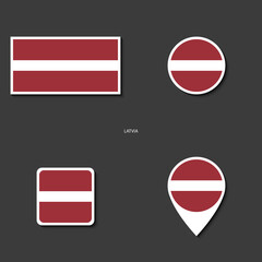 Latvia flag set in different shape (rectangle, circle, square and marker icon) on dark grey background.