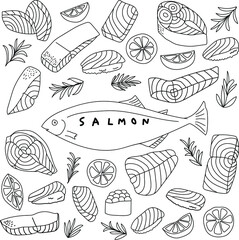 Hand drawn fresh and sliced salmon pieces and sashimi with lemon and rose marry in doodle art style on white background