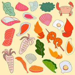 Hand drawn barbecue and seafood set. Vector illustration in doodle art style 
