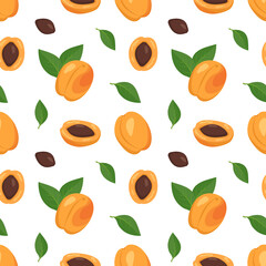 Seamless background with apricots, seeds and leaves. A cute summer or spring print with whole and halved fruit. Festive decoration for textiles, wrapping paper and design